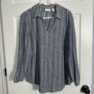 Chico's Sz. 2 (L) tunic, blue/metallic, linen blend, v-neck, flowy, lightweight
